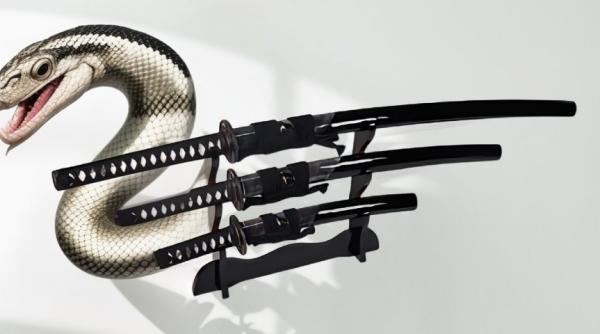 Snake Samurai-Schwerter-Set mit 12-mal gefalteter Damaststahl Klingen, Saja mit Schlangenhaut